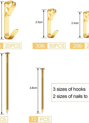 184 Pieces Picture Hanging Kit, 20lb, 30lb, and 50lb Picture Hangers, Metal Picture Hanging Hooks with Nails, on Drywall, Wooden Wall(Gold)
