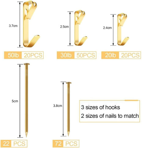 184 Pieces Picture Hanging Kit, 20lb, 30lb, and 50lb Picture Hangers, Metal Picture Hanging Hooks with Nails, on Drywall, Wooden Wall(Gold)