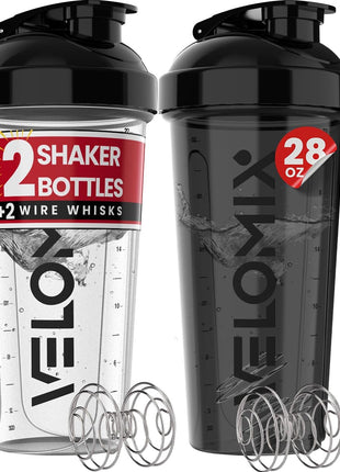 VELOMIx  2 Pack  28 oz Protein Shaker Bottles for Protein Mixes   2x Wire Whisk | Leak Proof Shaker Cups for Protein Shakes | Protein Shaker Bottle Pack (Black/Transparent)