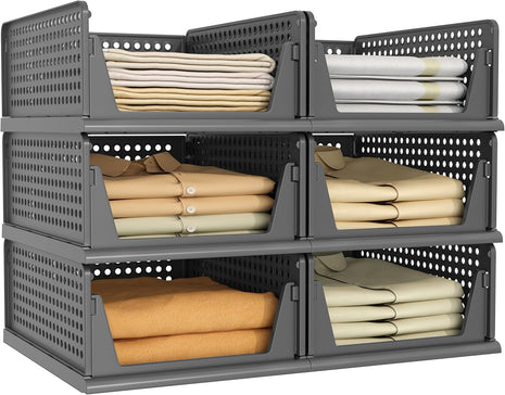 Pinkpum Stackable Plastic Storage Basket, Foldable Closet Organizers, Drawer Shelf Storage Container/Bins for Wardrobe Kitchen Bathroom Office Dorm, White, 4 Packs