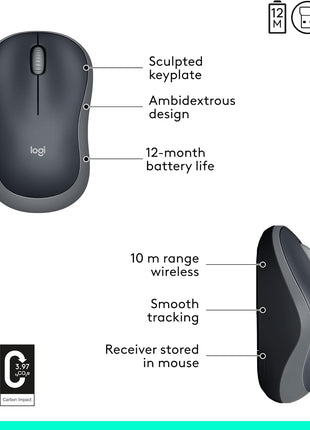 Logitech M185 Wireless Mouse, 2.4GHz with USB Mini Receiver, 12-Month Battery Life, 1000 DPI Optical Tracking, Ambidextrous PC/Mac/Laptop - Swift Grey