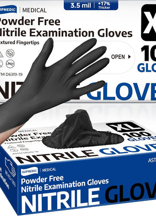 Supmedic Disposable Nitrile Gloves, Chemical Resistant, Powder-Free, Latex-Free, Food Safe, Medical Exam Gloves, Black, X-Large, 100 Pcs