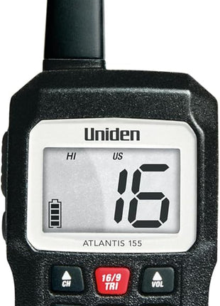 Uniden Atlantis 155 Handheld Two-Way VHF Marine Radio, Floating IPX8 Submersible Waterproof, Dual-Color Screen, All USA/International/Canadian Marine Channels, NOAA Weather Alert, 10 Hour Battery