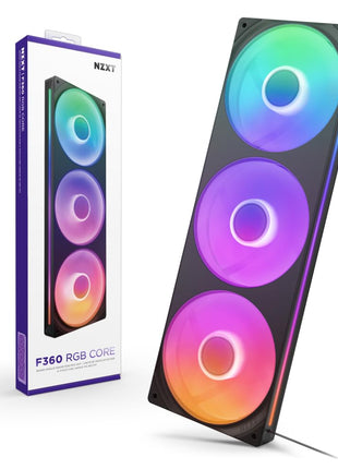NZXT F360 RGB Core - 360mm Single-Frame RGB Fan Unit - Black | 360mm single-frame unit with three 120mm RGB fans on one cable. Speed and lighting controlled through CAM.
