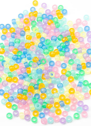 Gxueshan 1000 Pcs Acrylic 9 Color Pony Beads 6x9mm Bulk Glow in The Dark for Necklace, Friendship Bracelet Making, Hair Braids Kandi