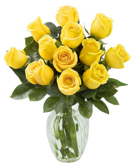 KaBloom Flowers - Mother's Day Collection - Bouquet of 12 Fresh Yellow Roses (Farm-Fresh, Long-Stem) with Vase.Gift for Birthday, Anniversary, Valentine, Mother’s Day Fresh Flowers