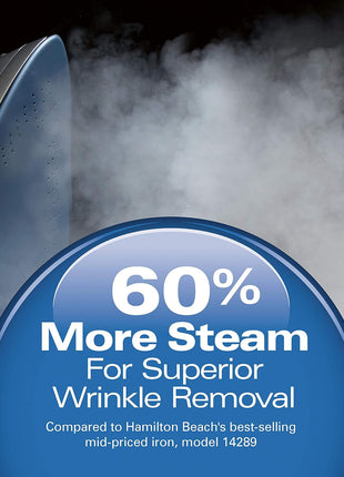 Hamilton Beach Steam Iron For Clothes With Adjustable Steam Settings | Scratch-Resistant Durathon Soleplate | 8' Retractable Cord | 3-Way Auto Shutoff | Anti-Drip | 1500 Watts | Blue