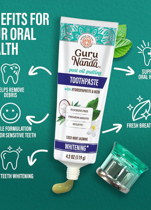 GuruNanda Hydroxyapatite Toothpaste, SLS & Fluoride Free, Whitening Toothpaste - Freshens Breath, Fights Plaque - Natural CocoMint Jasmine Neem, 4.2oz
