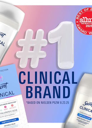 Secret Clinical Strength Invisible Solid Antiperspirant Deodorant for Women, 100HR Sweat & Odor Protection, 3X Stress Protection with Hyaluronic Acid, PH Balanced, Completely Clean Scent, 2.6 oz