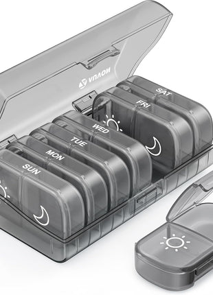 AUVON Weekly Pill Organizer 2 Times a Day, One-Side Large Opening, Easy‐Use | AM PM Pill Case, XL Pill Box 7 Day, Travel Medication Organizer for Medication, Vitamins, Fish Oils, Supplements, Black