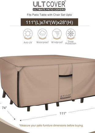 ULTCOVER Rectangular Patio Heavy Duty Table Cover - 600D Tough Canvas Waterproof Outdoor Dining Table and Chairs General Purpose Furniture Cover Size 111L x 74W x 28H inch