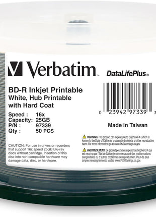 Verbatim BD-R 25GB 16X Blu-ray Recordable Media Disc DataLifePlus White Inkjet Hub Printable - 50pk Spindle - 97339