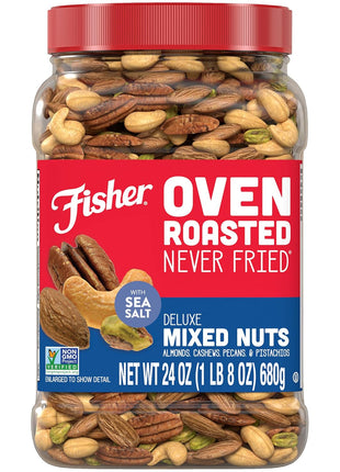 Fisher Oven Roasted Never Fried Deluxe Mixed Nuts, 24 Ounces | Pack Of 1, Almonds, Cashews, Pecans, Pistachios, Healthy Snacks For Adults, Made With Sea Salt, No Added Oil, Gluten Free