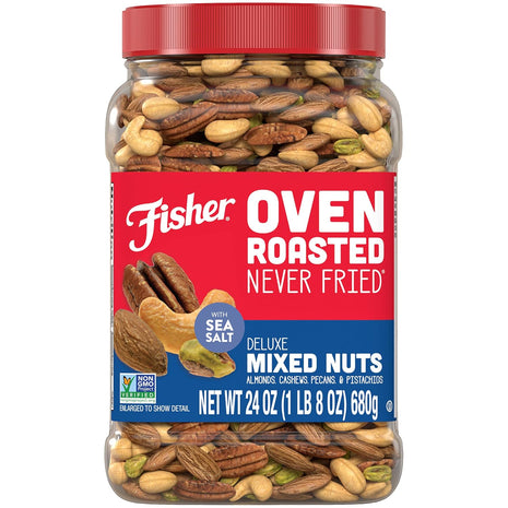 Fisher Oven Roasted Never Fried Deluxe Mixed Nuts, 24 Ounces (Pack of 1), Almonds, Cashews, Pecans, Pistachios, Healthy Snacks for Adults, Made With Sea Salt, No Added Oil, Trail Mix, Gluten Free?