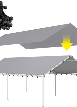 DWALE 10 x 20 Ft Carport,Replacement Canopy Cover Garage Top Tent Shelter Tarp,Grey with 48 Ball Bungee Cords Waterproof & UV Protected (Only Tarp Cover, Frame Not Include)