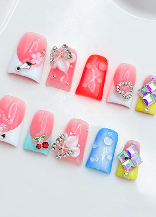 RIICFDD French Press on Nails Orange 5D Flower Art Handmade Duck Nails