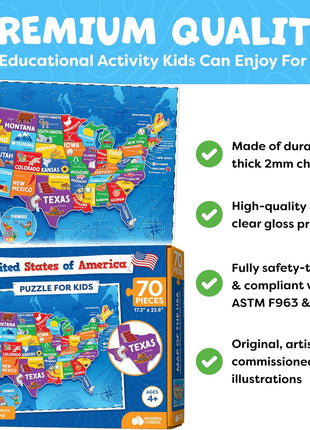United States Puzzles for Kids Ages 4-6, 6-8, 3-5 - Educational Toys for Boys & Girls - 70Pcs USA Map Kids Puzzles with 50 States & Capitals - Floor Jigsaw Kids Puzzle - Learning Activities Gifts