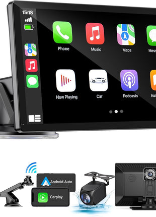 9" Wireless Apple Carplay Screen for Car & Android Auto with Backup Camera | Portable Touchscreen with OTA Update, GPS Navigation/Mirror Link/Voice Control/5.0 Bluetooth