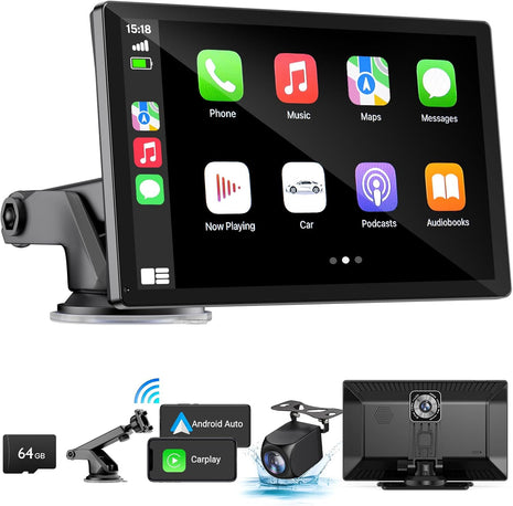 9" Wireless Apple Carplay Screen for Car & Android Auto with Backup Camera | Portable Touchscreen with OTA Update, GPS Navigation/Mirror Link/Voice Control/5.0 Bluetooth