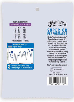Martin Authentic Acoustic Guitar Strings, Superior Performance Custom Light 11-52, 80/20 Bronze