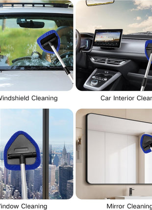 11pcs Windshield Cleaner Tool, Car Window Cleaning Wash Kit with 6 Reusable Microfiber Pads 2 Spray Bottles and Extendable Handles Auto Glass Wiper Kit, Blue
