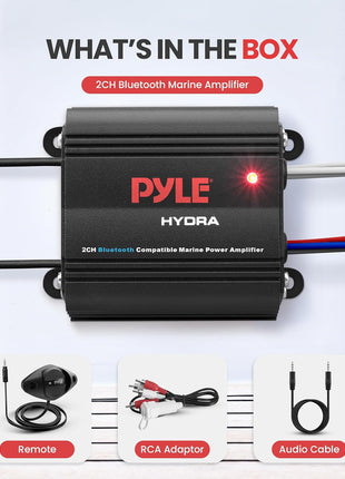 Pyle Auto 2-Channel Marine Amplifier - 200 Watt RMS 4 OHM Full Range Stereo with Wireless Bluetooth & Powerful Prime Speaker - High Crossover HD Music Audio Multi Channel System PLMRMB2CB, Black