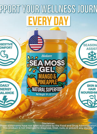 Biolore Sea Moss Gel Mango-Pineapple Made in USA Raw Wildcrafted Irish Seamoss Essential Vitamins Trace Minerals Vegan Superfood, Jam, Jelly & Sweet Spread Gifts (Mango-Pineapple 8OZ)