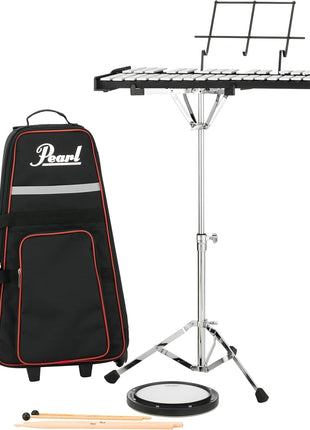 Pearl 32 Note Glockenspiel Bell Kit Student Educational Percussion Kit with Tunable Practice Pad, Rolling Carrying Case, Sticks and Mallets (PK910C)