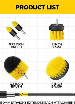 Holikme 6Pack Drill Brush Power Scrubber Cleaning Brush Extended Long Attachment Set All Purpose Drill Scrub Brushes Kit for Grout, Floor, Tub, Bathroom and Kitchen Surface,Scratch Brushes(Yellow)