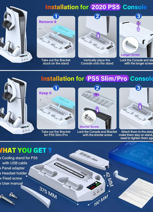 PS5/PS5 Slim/PS5 Pro Stand and Cooling Station with Dual Controller Charging Station for PlayStation 5 Console, PS5 Accessories Incl. Controller Charger, Cooling Fan, Headset Holder, 3 USB Hub, White