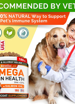 STRELLALAB Allergy Relief 2 Packs 240ct + Omega 3 180ct for Dogs Bundle - Itchy Skin Treatment + Skin&Coat Supplement - Omega 3 & Pumpkin - Allergy Chews & Anti Itch Support Supplement - Made in USA