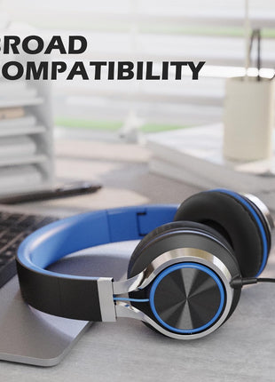 AILIHEN C8 Headphones Wired, On-Ear Kids Headphones with Microphone and Volume Control Foldable Corded Stereo 3.5mm Headset for School Teens Smartphones Chromebook Laptop Tablets Travel (Black Blue)