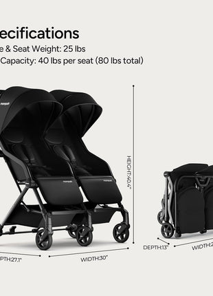 Mompush Lithe Double Stroller, Lightweight Side by Side, Infant & Toddler | 25 lbs design, 30-inch width fits doorways, one-step fold, independent recline, UPF50+ canopy, all-wheel suspension