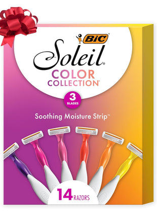 BIC Soleil Smooth Colors Women's Disposable with 3 Blade Razors, Vibrant Handles and Moisture Strip, 14-Pack
