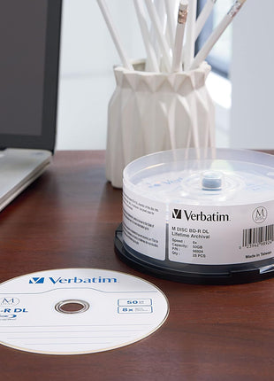 Verbatim M DISC BD-R DL 50GB 8X with Branded Surface Blank Blu-Ray Recordable Media – 25pk Spindle,White