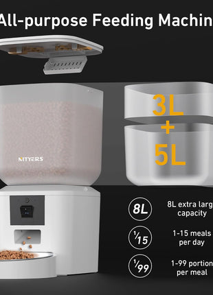 Automatic Dog & Cat Feeder with Camera & WiFi – 8L/34 Cups, 1080P Night Vision, 2.4 & 5G WiFi, 2-Way Talk, 10s Voice Recording, Timed Food Dispenser, Up to 99 Portions, 15 Meals Per Day