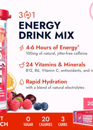 Zipfizz Daily Energy Drink Powder, Fruit Punch, 20 Pack 3-in-1 Sustained Energy, Rapid Hydration, and Essential Vitamins Sugar-Free Electrolyte Powder Contains Vitamin B-12 & Antioxidants