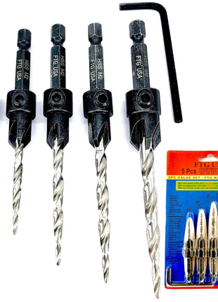 FTG USA Countersink Drill Bit Set 5 Pc #4#6#8#10#12 Tapered Drill Bit for Woodworking