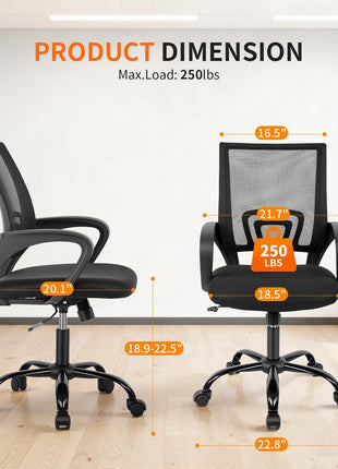 BestOffice | Ergonomic Office Chair | Black | Pack of 1 | Mesh Desk Chair | with Lumbar Support & Adjustable Height | Breathable Mid-Back Design & High Density Sponge | For Home, Office
