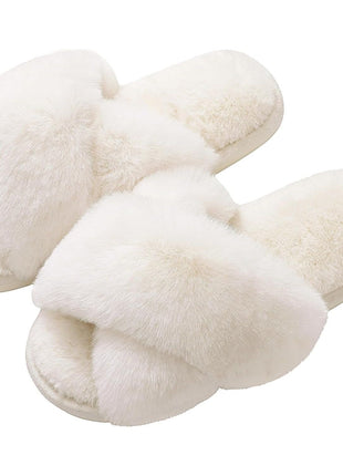 Evshine Women's Fuzzy Slippers Cross Band Memory Foam House Slippers Open Toe Indoor Outdoor Shoes, White, 38-39 (Size 7-8)