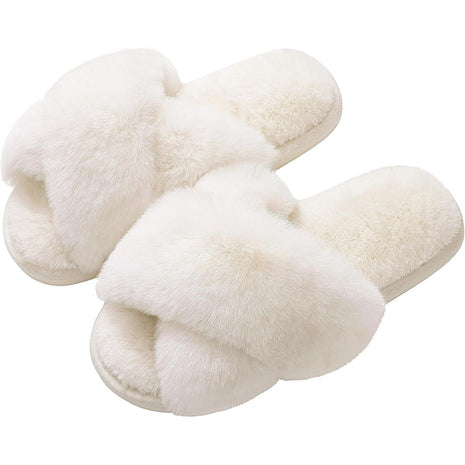 Evshine Women's Fuzzy Slippers Cross Band Memory Foam House Slippers Open Toe Indoor Outdoor Shoes, White, 38-39 (Size 7-8)