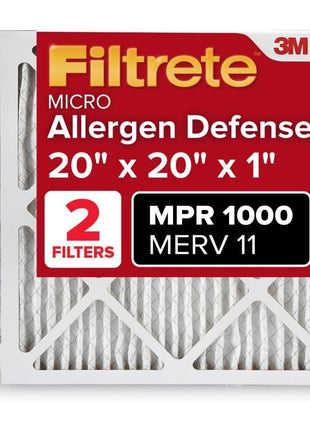 Filtrete 20x20x1 AC Furnace Air Filter, MERV 11, MPR 1000, Micro Allergen Defense, 3-Month Pleated 1-Inch Electrostatic Air Cleaning Filter, 2 Pack (Actual Size 19.719 x 19.719 x 0.84 in)