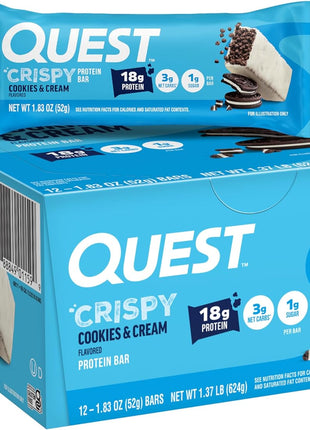 Quest Nutrition Crispy Cookies & Cream Hero Protein Bar, 18g Protein, 1g Sugar, 3g Net Carb, Gluten Free, Protein Snack, Keto Friendly, 12 Count