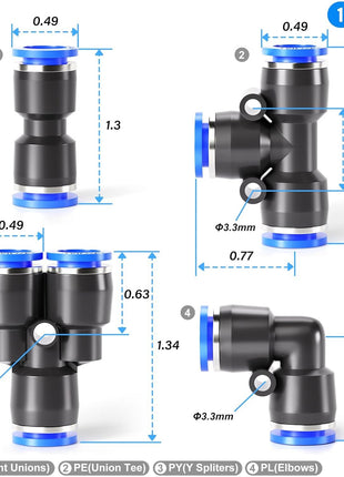 TAILONZ PNEUMATIC 1/4 Inch od Push to Connect Fittings Pneumatic Fittings Kit 10 Spliters Elbows tee Straight (40 pcs)