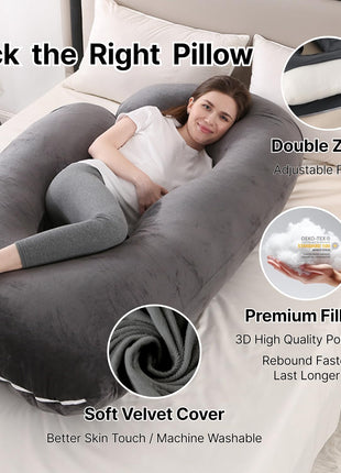 ALLOPERA Pregnancy Pillow, Full Body 57 Inch Maternity Pillow with Removable Washable Cover - Sleep Support for Legs, Back, Neck, Shoulder, HIPS, Belly for Pregnent Women, Black Grey Velvet Cover