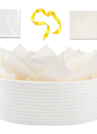 OIAHOMY Gift Basket with Handle, Small Woven Basket with Gift Bag, Ribbon and Wrap Tissue Paper, Nursery Bins Empty to Fill with Small Items, Baby, Pet Toy Organizer - White