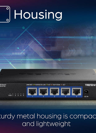 TRENDnet 5-Port 10G Switch, TEG-S750, 5 x 10G RJ-45 Ports, 100Gbps Switching Capacity, Supports 2.5G and 5G-Base-T Connections, Ethernet Splitter, NDAA & TAA Compliant, Lifetime Protection, Black
