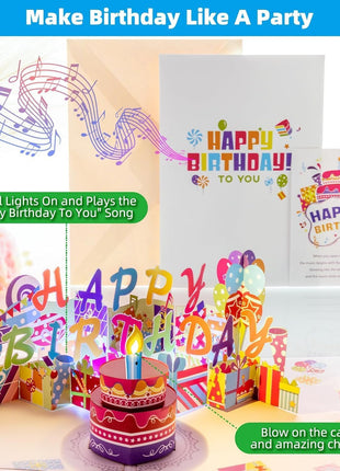 3D Pop-Up Birthday Card with Music, Blowable LED Candle, for Ages 1 to 100 | Happy Birthday Music, Color-Changing Lights, 3D Cake Design, Envelope & Greeting Card, Milestone Gift for Women, Men And Kids