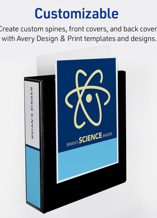 Avery Durable View 3 Ring Binder, 2 Inch Slant Rings, 530-Sheet Capacity, DuraHinge, 2.8 Inch Wide Spine, Customizable Clear Cover and Spine, 1 Black Binder (17031)
