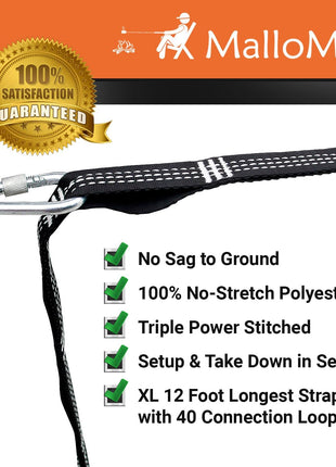 MalloMe XL Hammock Straps for Trees - Hammock Tree Straps Set 2000+ LBS Heavy Duty 40 Loops & 100% No Stretch Suspension System Kit - Camping Hammocks Accessories | 2 Carabiners | 12 Feet Black